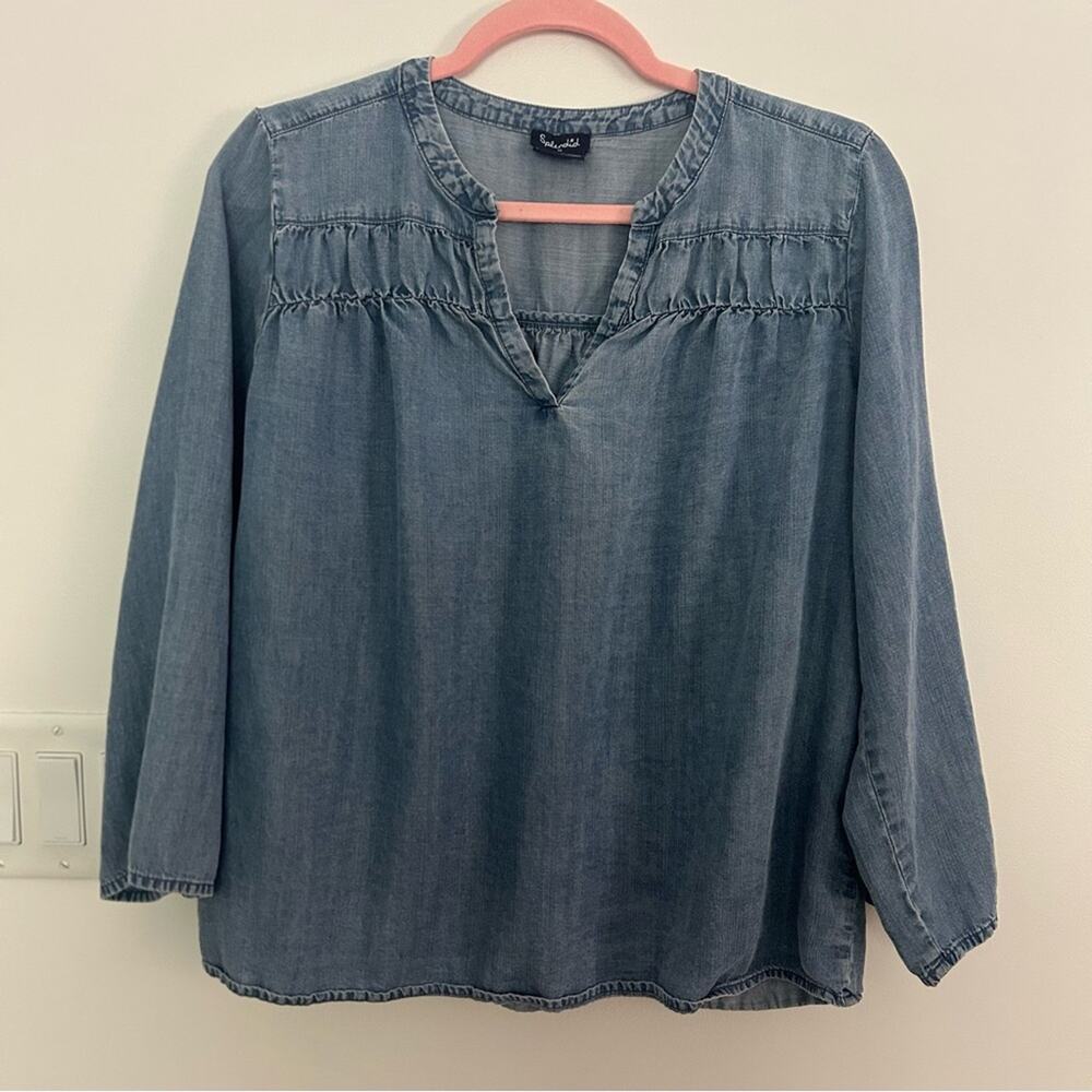 Splendid Chambray V-Neck Tunic in Denim Blue Women’s M Relaxed Coastal Boho Top
